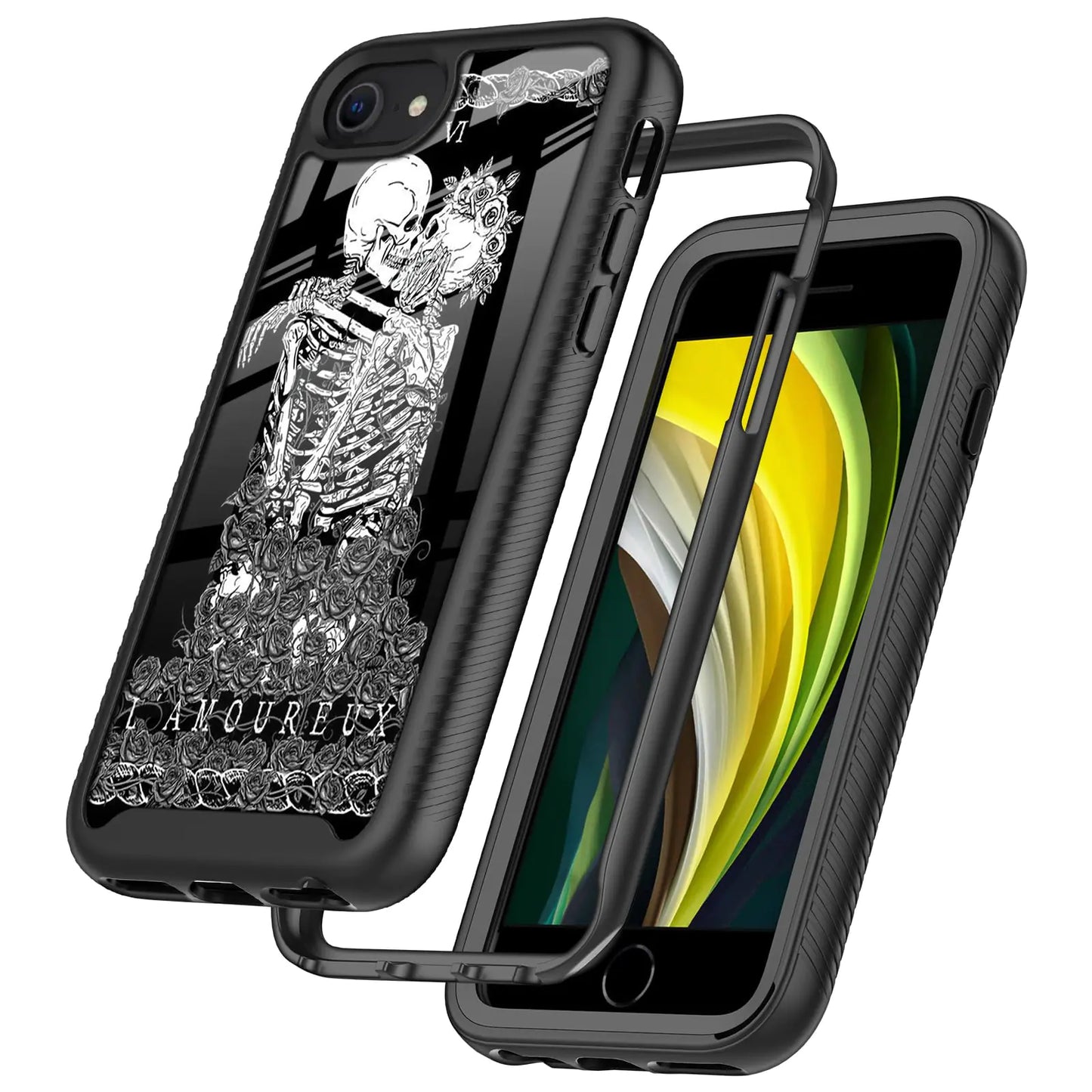 Skeleton Kissing Lovers Gothic Skull Tarot Design Compatible with iPhone SE Case,iPhone 7/8 Case for Boy Girl Luxury Shockproof Rugged Cover Dual Layer Soft Bumper Full-Body Protective Case